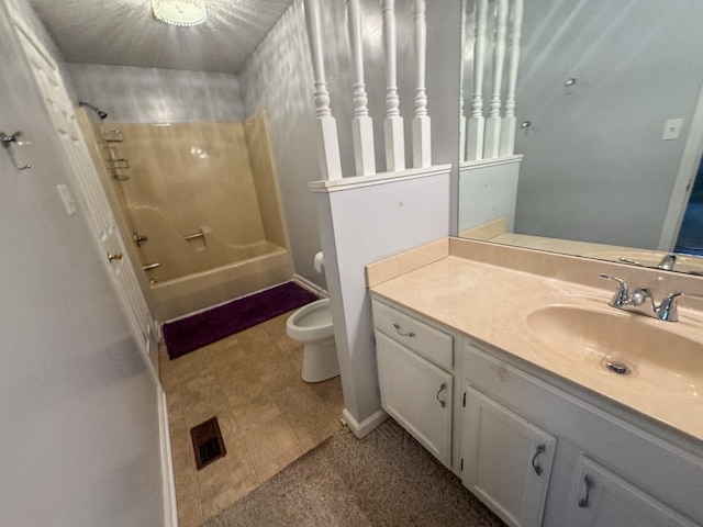 full bathroom featuring vanity, visible vents, baseboards, shower / washtub combination, and toilet