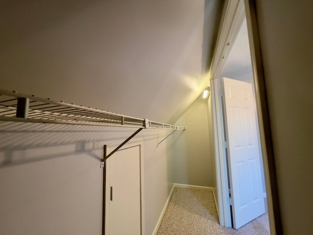 walk in closet with carpet floors and vaulted ceiling