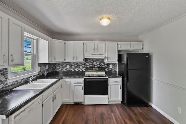 kitchen featuring dishwasher, a sink, freestanding refrigerator, electric stove, and under cabinet range hood