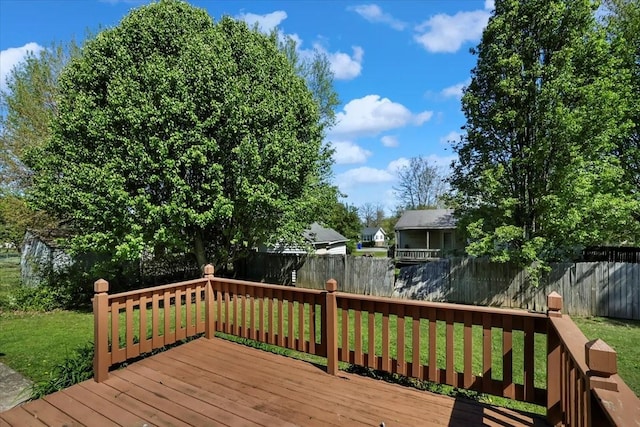 wooden terrace featuring a yard and a fenced backyard