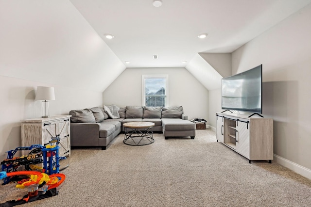 living room with light colored carpet and lofted ceiling