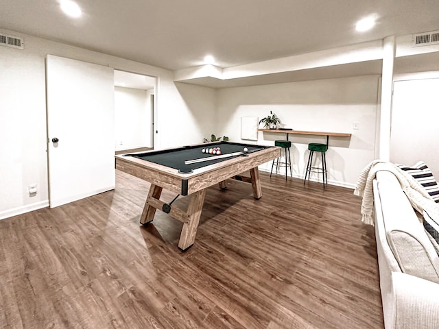 playroom featuring billiards and dark wood-type flooring