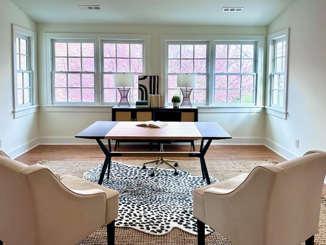 office space featuring light hardwood / wood-style flooring and lofted ceiling