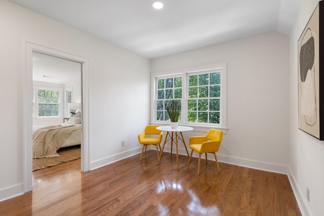 sitting room with vaulted ceiling, a healthy amount of sunlight, and wood-type flooring