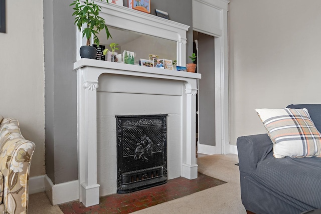 living room featuring dark carpet