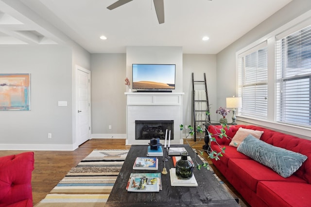 living room featuring dark wood-type flooring and ceiling fan