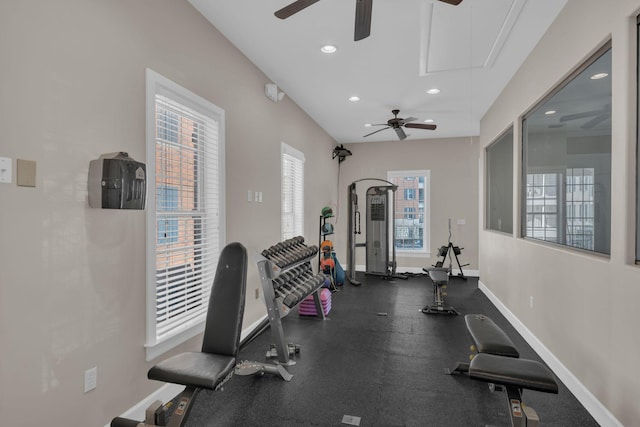 workout room with ceiling fan