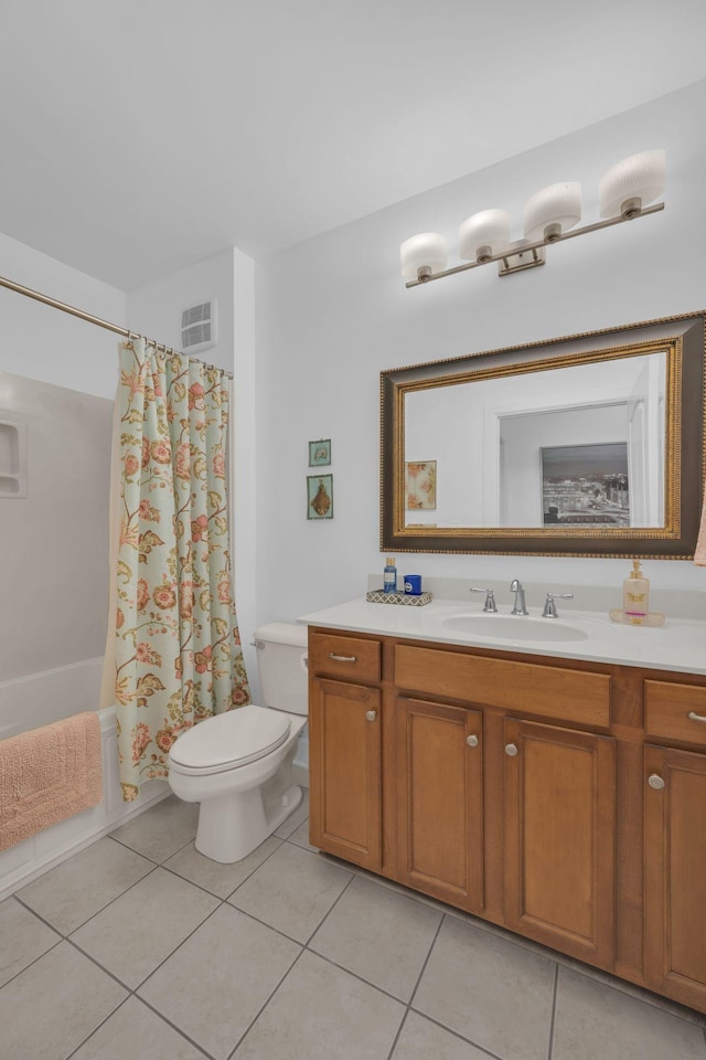 full bathroom featuring vanity, toilet, shower / bathtub combination with curtain, and tile patterned flooring