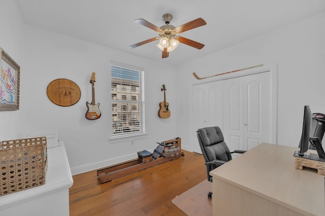 office featuring ceiling fan and wood-type flooring