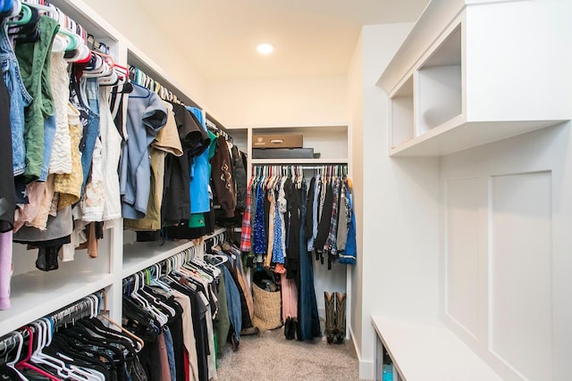 walk in closet with light carpet