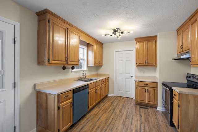 kitchen featuring dark hardwood / wood-style flooring, sink, electric range, a textured ceiling, and black dishwasher