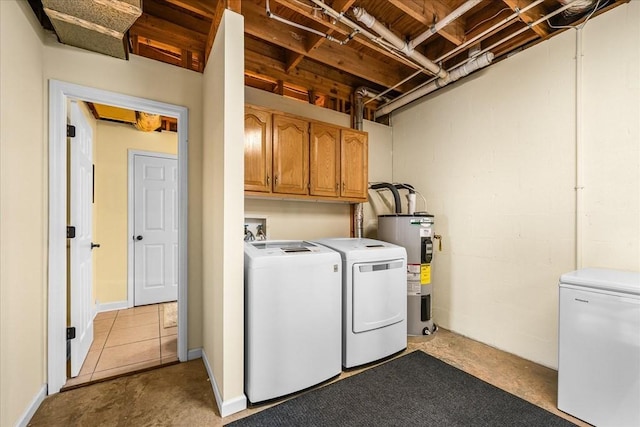 laundry room featuring cabinets, separate washer and dryer, and electric water heater