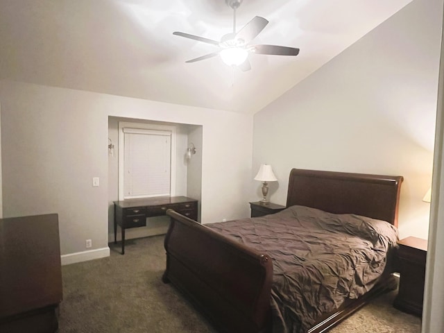 carpeted bedroom with ceiling fan and lofted ceiling