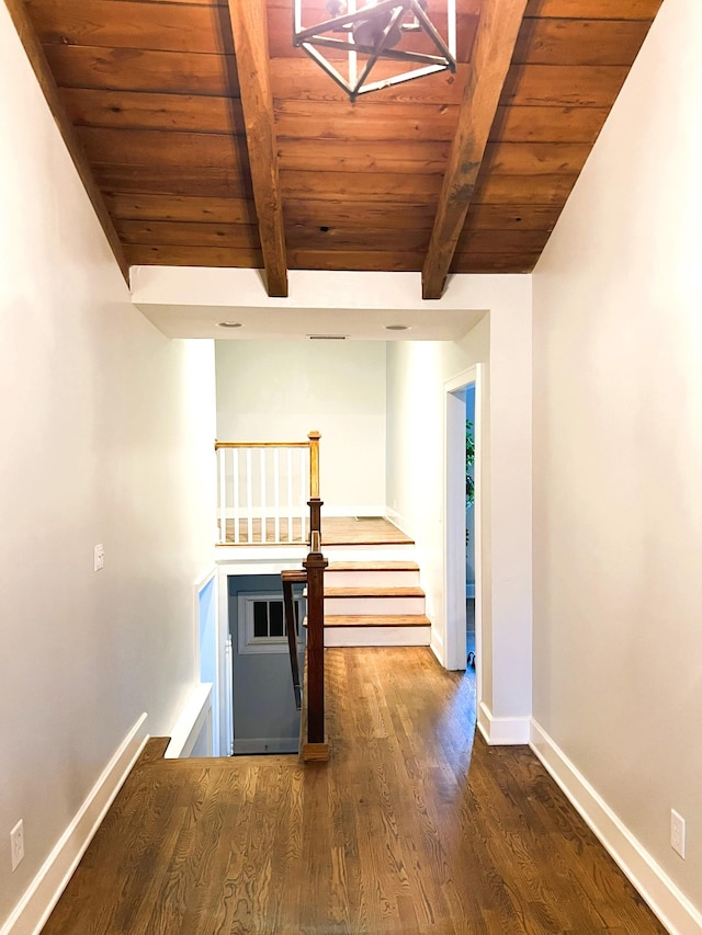 hallway with dark hardwood / wood-style flooring, wood ceiling, and beamed ceiling