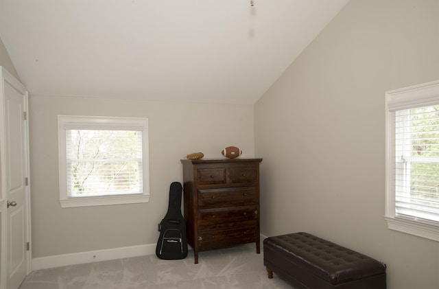 interior space with light colored carpet, lofted ceiling, and multiple windows