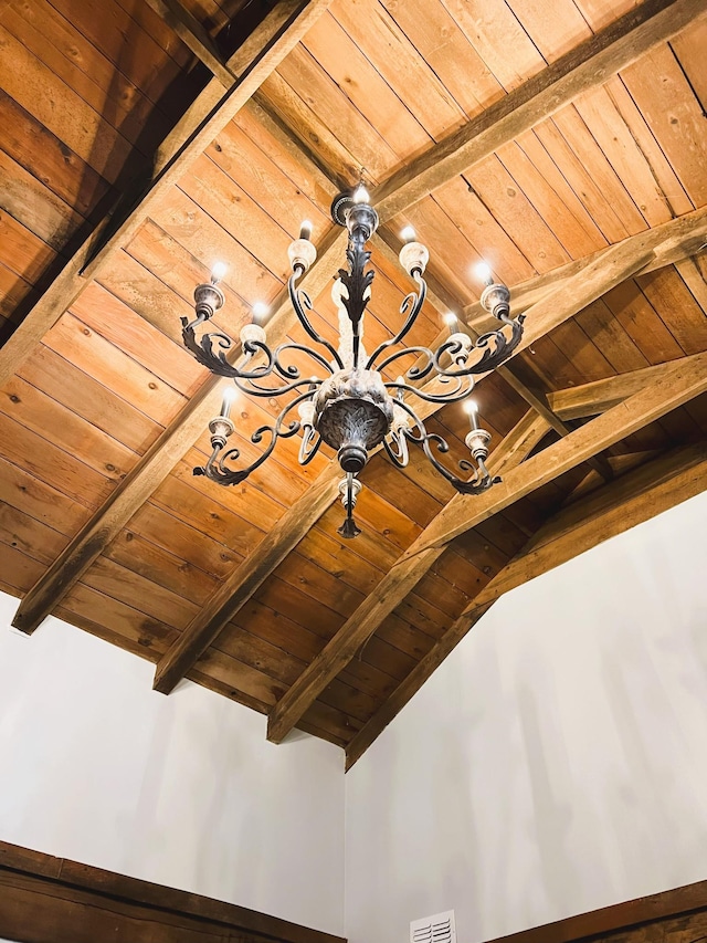 room details featuring wood ceiling and beamed ceiling