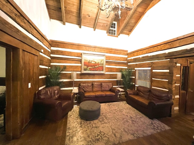 living room with wood ceiling, high vaulted ceiling, dark hardwood / wood-style floors, wooden walls, and beam ceiling