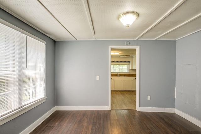 empty room with sink and dark hardwood / wood-style flooring