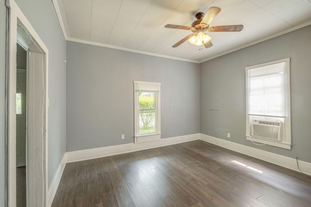 empty room with crown molding, cooling unit, dark hardwood / wood-style floors, and ceiling fan