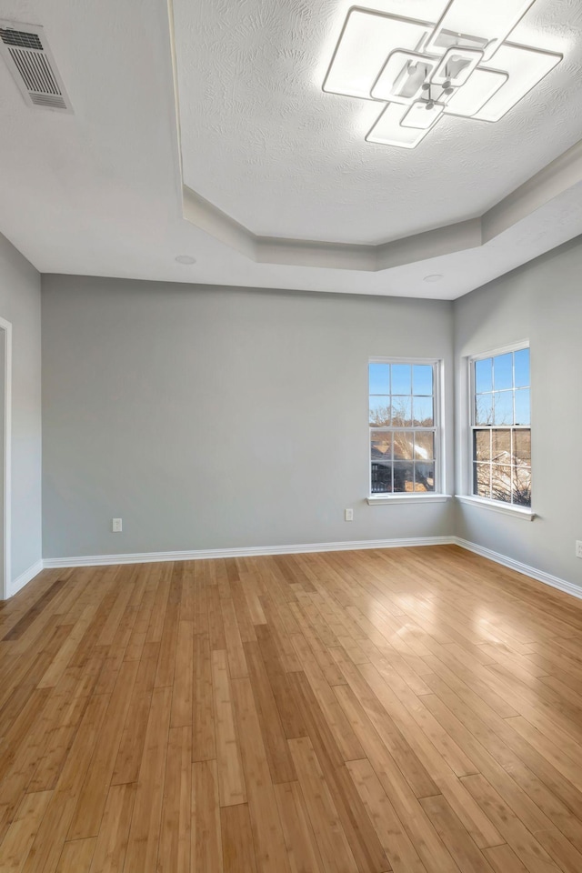 empty room featuring light hardwood / wood-style floors, a textured ceiling, and a raised ceiling