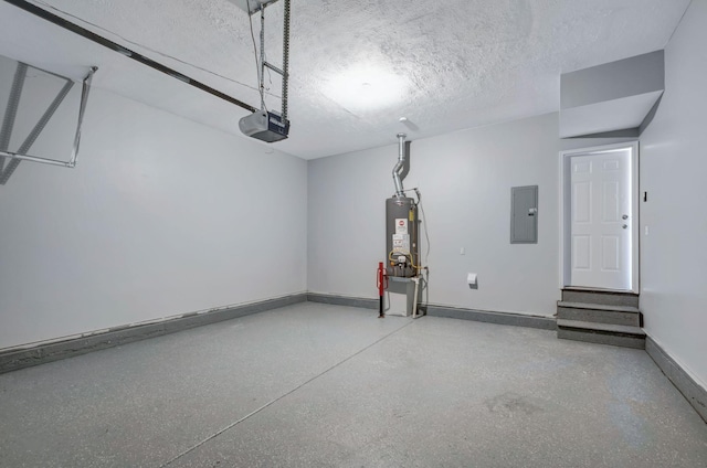 garage featuring electric panel, gas water heater, and a garage door opener