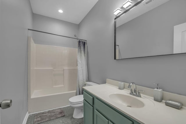 full bathroom with vanity, toilet, and shower / tub combo with curtain