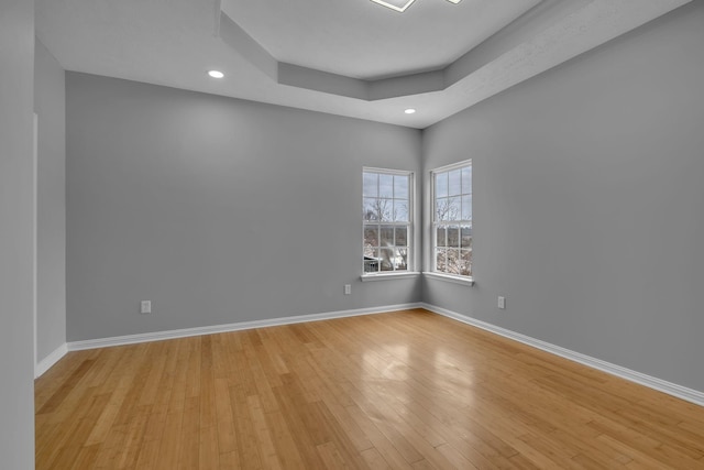 spare room featuring light wood-type flooring and a raised ceiling