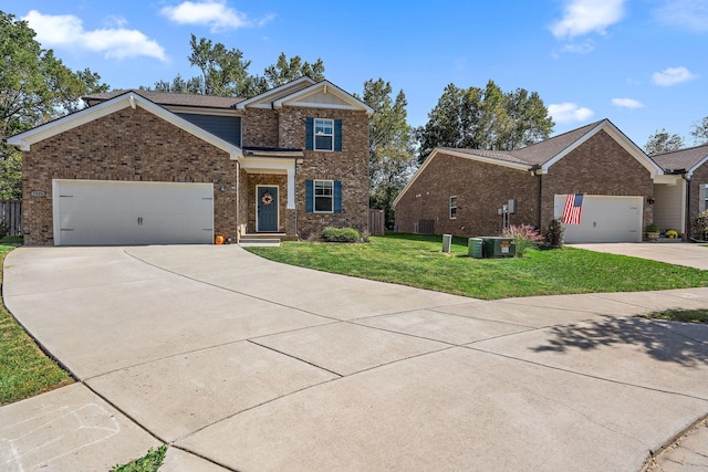 view of front of property with central AC and a front lawn