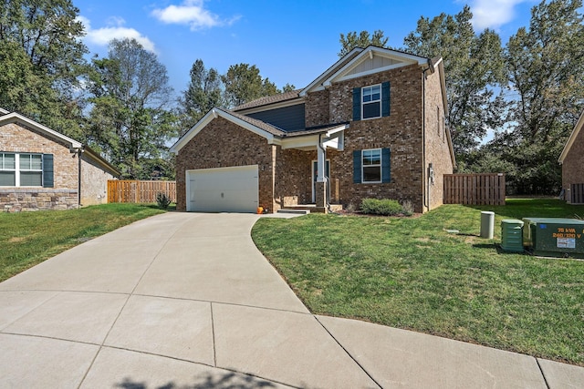 view of front facade featuring a garage, central air condition unit, and a front lawn