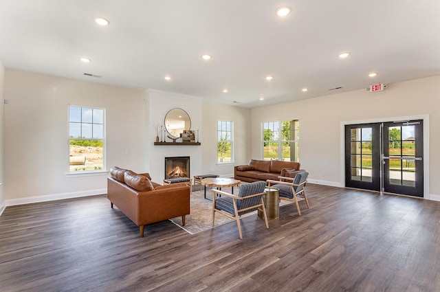 living room with french doors, a healthy amount of sunlight, a fireplace, and dark hardwood / wood-style flooring