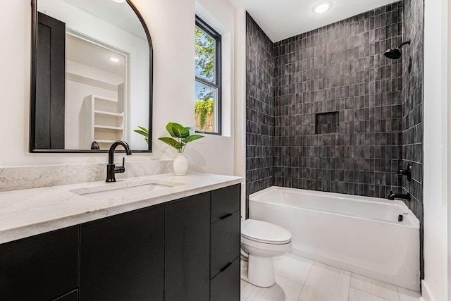 full bath with shower / tub combination, toilet, recessed lighting, vanity, and tile patterned floors