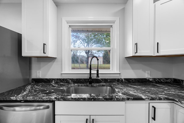 985 Watauga Dr, Cookeville, TN 38501 - kitchen featuring sink, white cabinetry, dishwasher, and dark stone counters