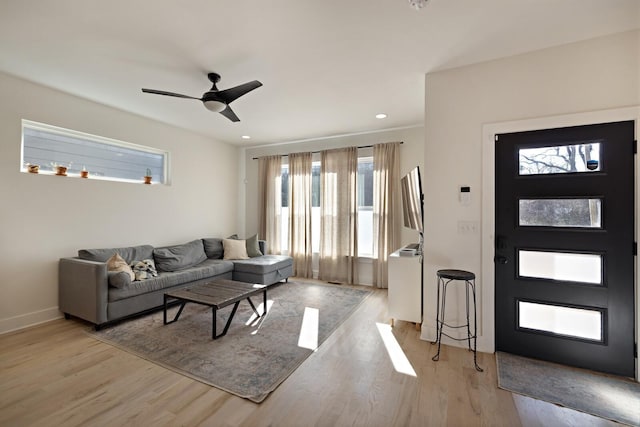 living room with ceiling fan and light hardwood / wood-style flooring