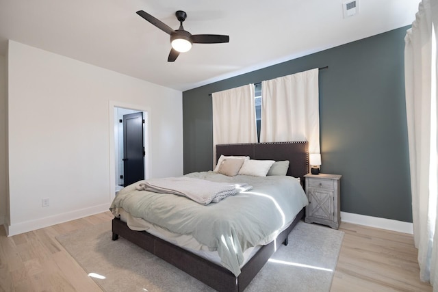 bedroom featuring ceiling fan and light hardwood / wood-style flooring