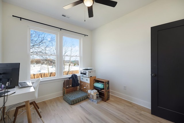 office space with light hardwood / wood-style floors and ceiling fan