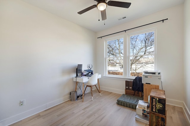 home office featuring ceiling fan and light wood-type flooring