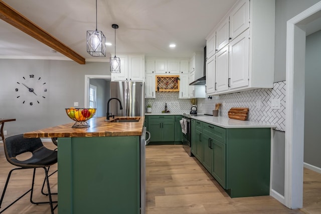 kitchen with white cabinetry, sink, wooden counters, green cabinets, and stainless steel appliances