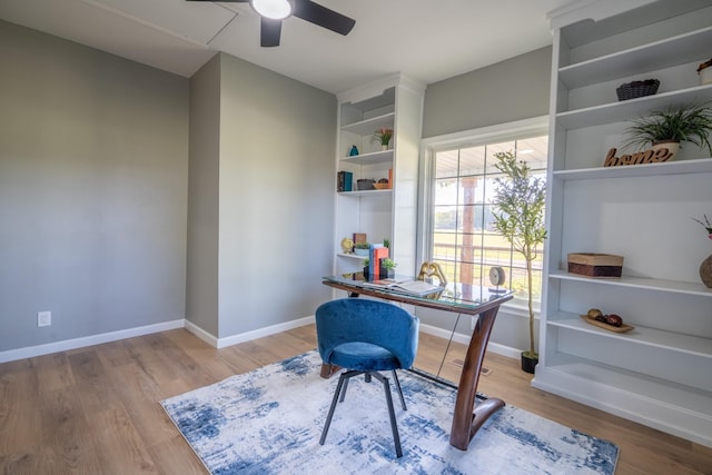 office area featuring ceiling fan and light wood-type flooring