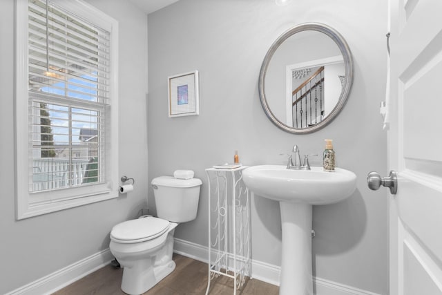 bathroom with hardwood / wood-style flooring and toilet