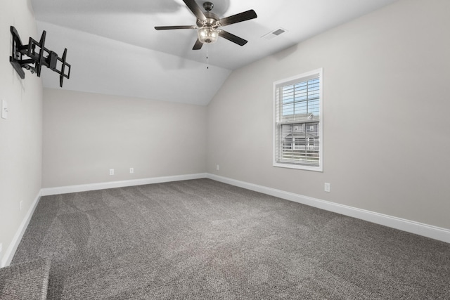 bonus room with vaulted ceiling, carpet, and ceiling fan