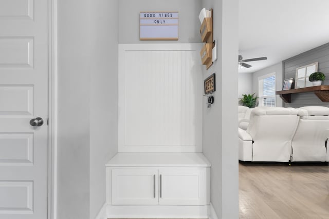 mudroom with ceiling fan and light wood-type flooring