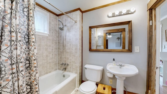 bathroom featuring toilet, ornamental molding, and shower / bathtub combination with curtain