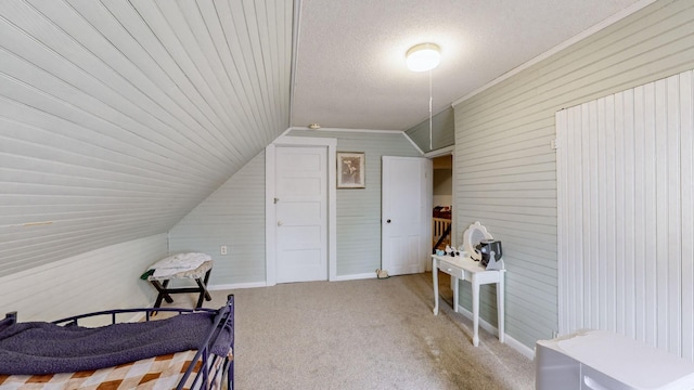 additional living space with a textured ceiling, vaulted ceiling, and carpet