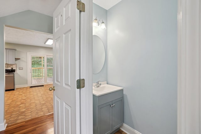 bathroom featuring vanity and wood-type flooring