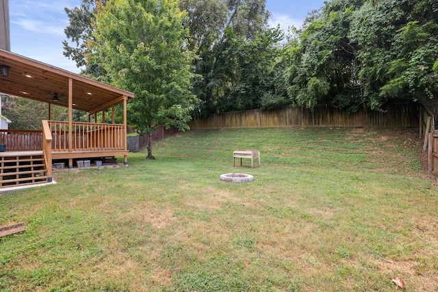 view of yard with a deck and an outdoor fire pit