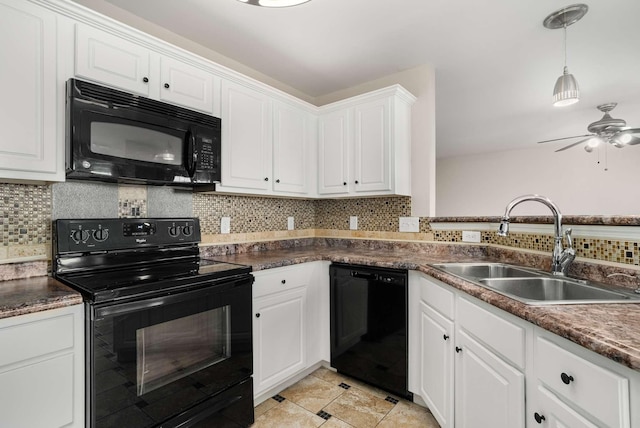 kitchen with black appliances, ceiling fan, white cabinets, sink, and backsplash