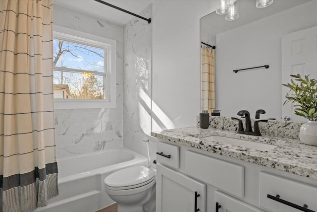 full bathroom with toilet, vanity, and shower / bathtub combination with curtain