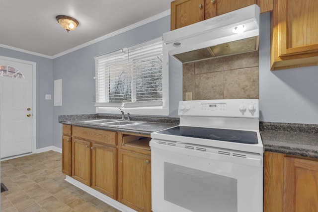 kitchen with sink, ornamental molding, and electric stove