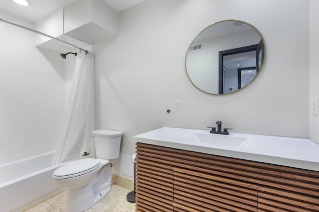 full bathroom featuring toilet, vanity, shower / tub combo, and tile patterned flooring