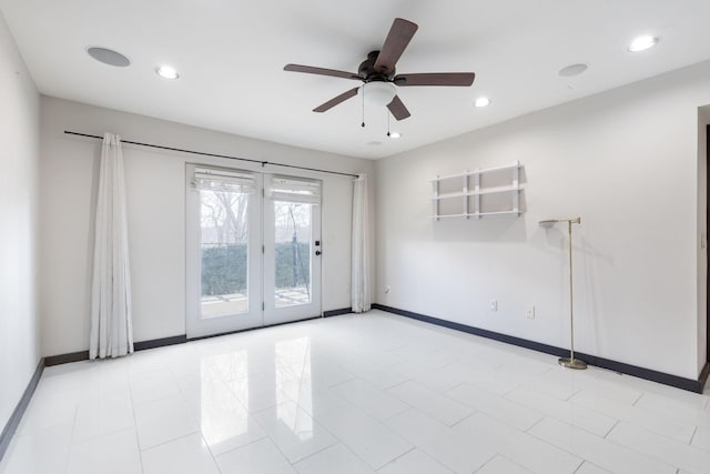 tiled empty room with ceiling fan